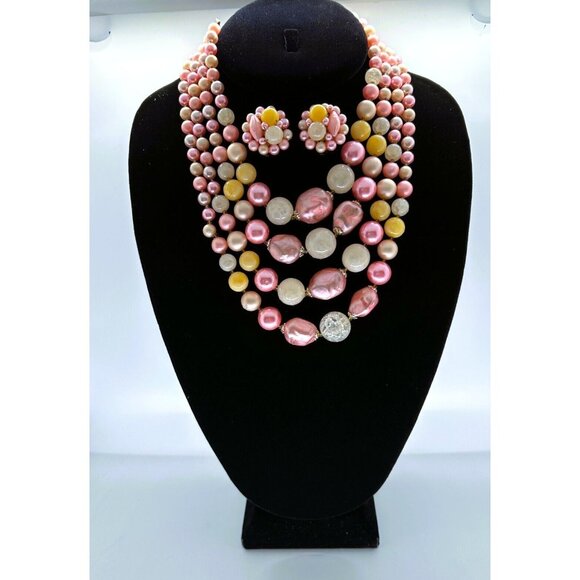 Japan Faux Pearls Necklace Earrings Pink Acrylic 4 Strands Clip-On Statement - Picture 2 of 16